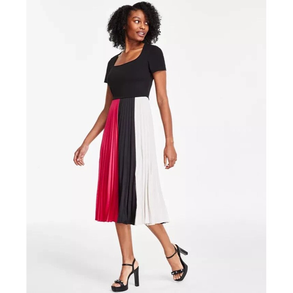 KARL LAGERFELD PARIS Women's Color blocked Pleated Midi Dress Black Multi 10